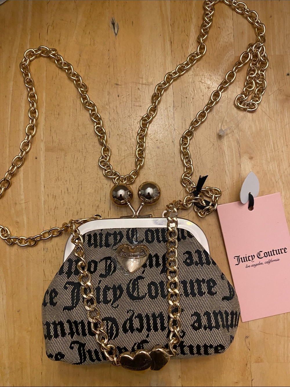 Juicy Couture Beige and Black Logo Mini cross body kiss lock & Chain NWT